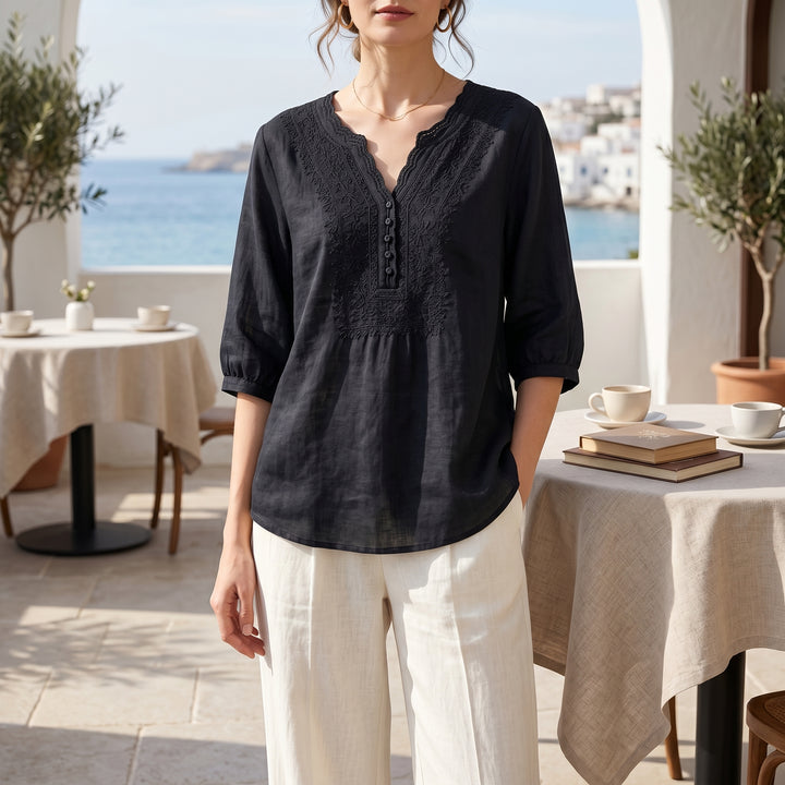 Marielle Lace Trim Cotton Linen Blouse