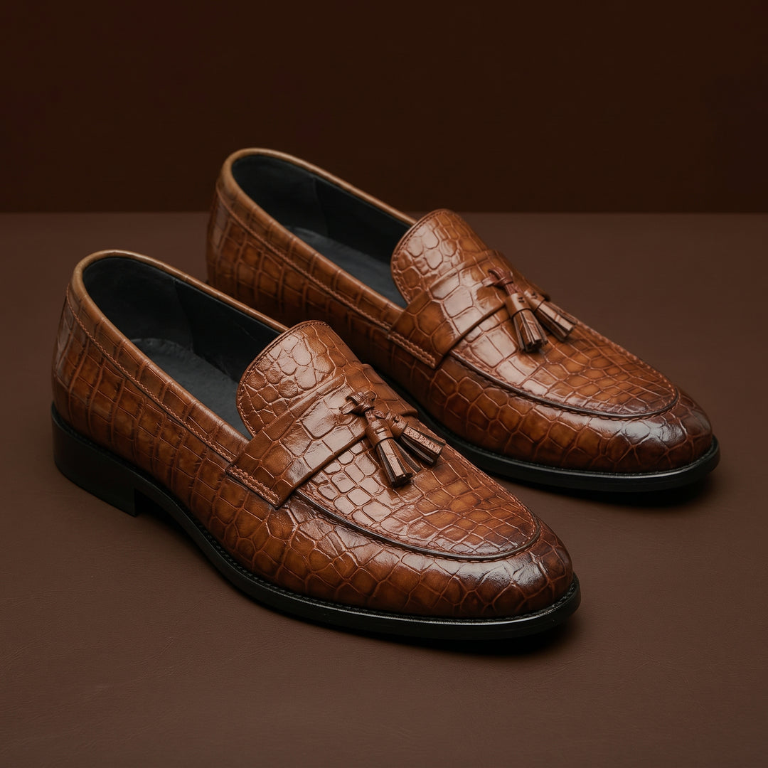 Renzo Calder Croc Embossed Leather Tassel Loafers