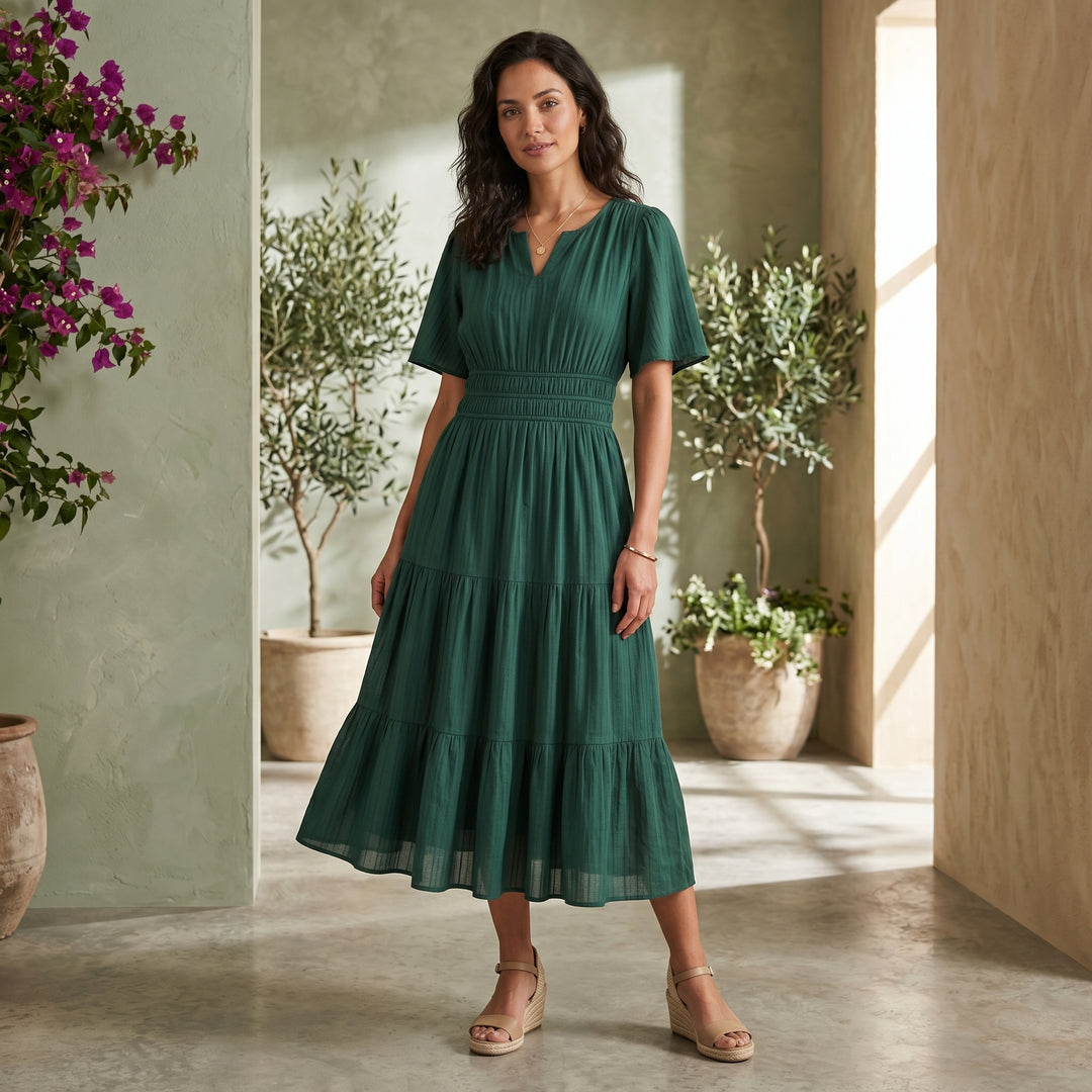 Alessia Smocked Waist Tiered Midi Dress