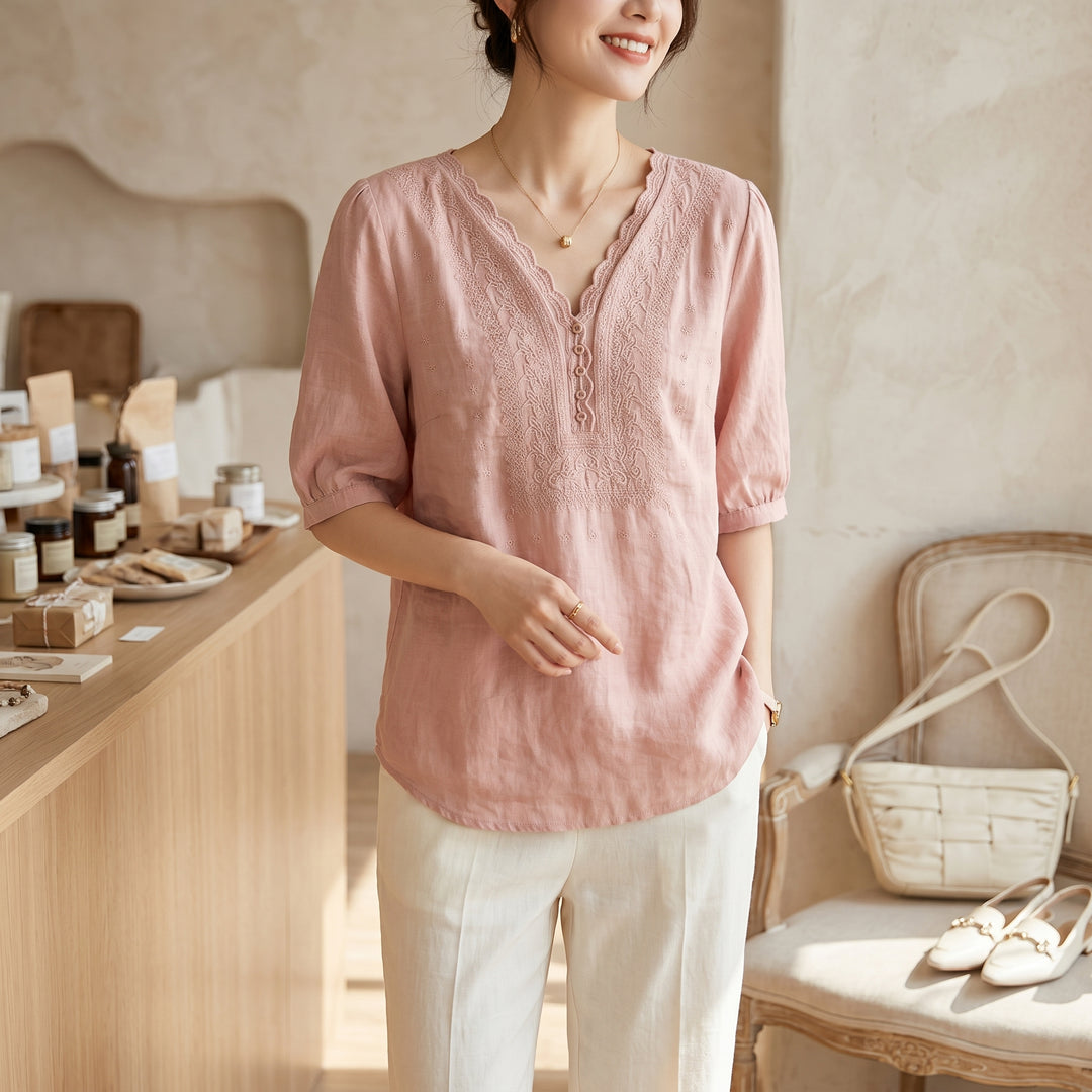 Marielle Lace Trim Cotton Linen Blouse