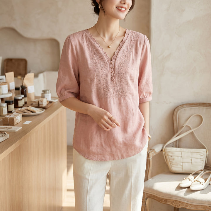 Marielle Lace Trim Cotton Linen Blouse