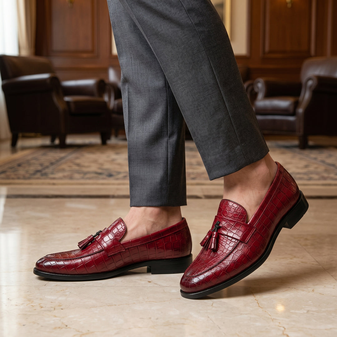 Renzo Calder Croc Embossed Leather Tassel Loafers