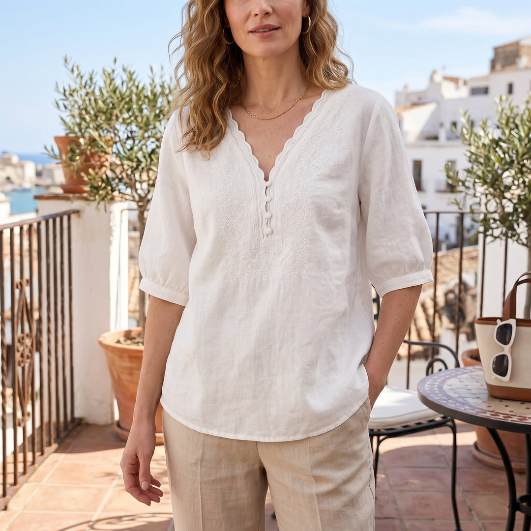 Marielle Lace Trim Cotton Linen Blouse
