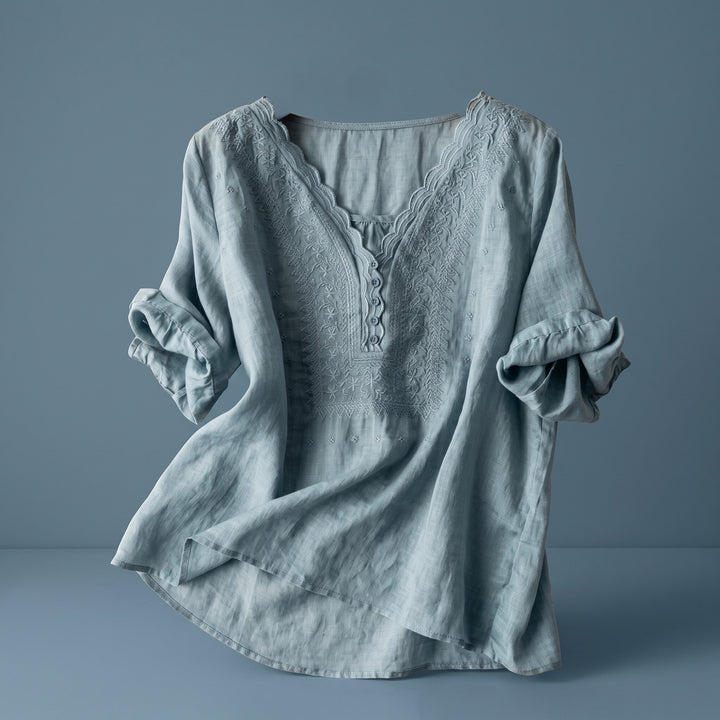 Marielle Lace Trim Cotton Linen Blouse