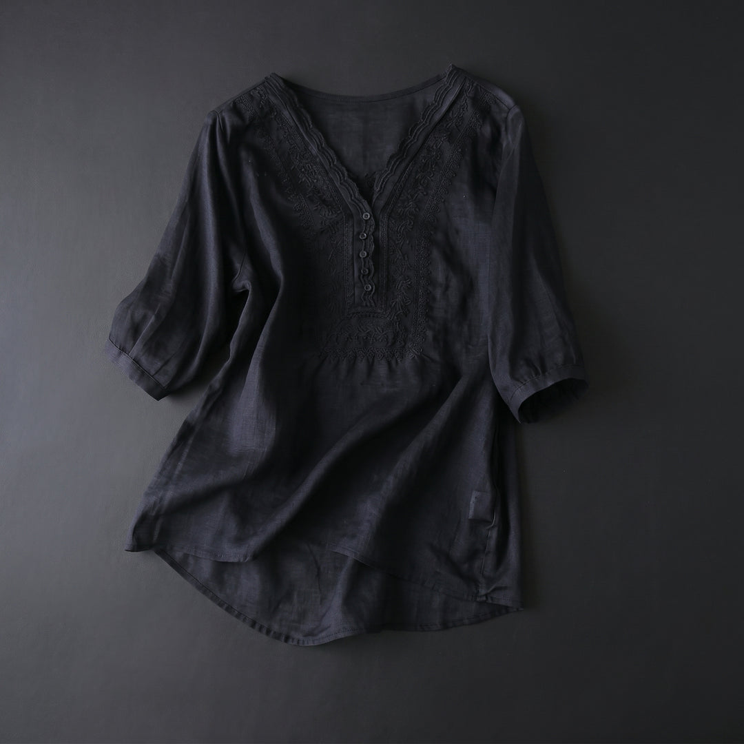 Marielle Lace Trim Cotton Linen Blouse
