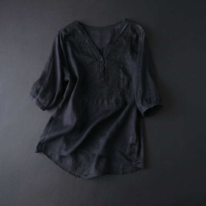 Marielle Lace Trim Cotton Linen Blouse
