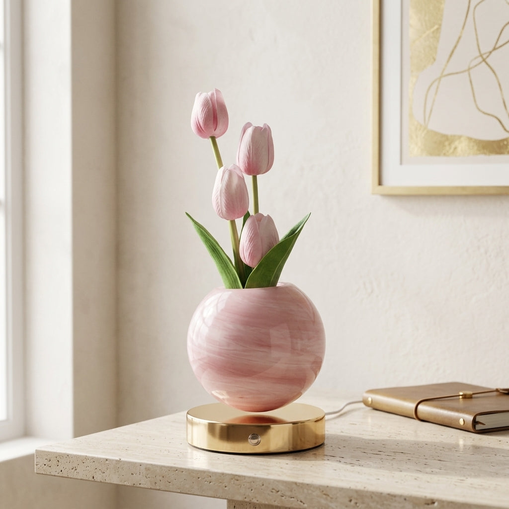 Fara | Decorative Tulip Flower Lamp with Pink Round Base and Metal Stand