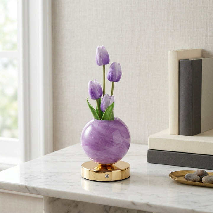 Fara | Decorative Tulip Flower Lamp with Pink Round Base and Metal Stand