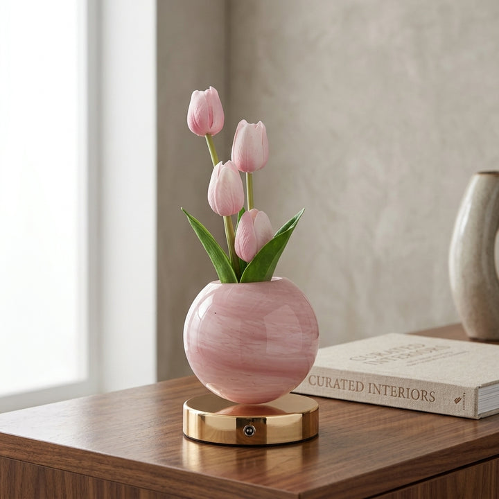 Fara | Decorative Tulip Flower Lamp with Pink Round Base and Metal Stand