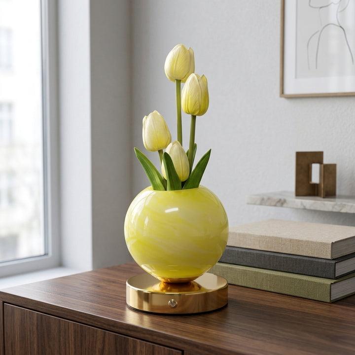 Fara | Decorative Tulip Flower Lamp with Pink Round Base and Metal Stand