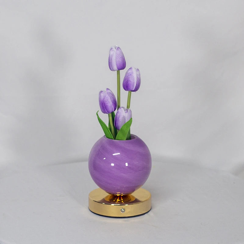 Fara | Decorative Tulip Flower Lamp with Pink Round Base and Metal Stand
