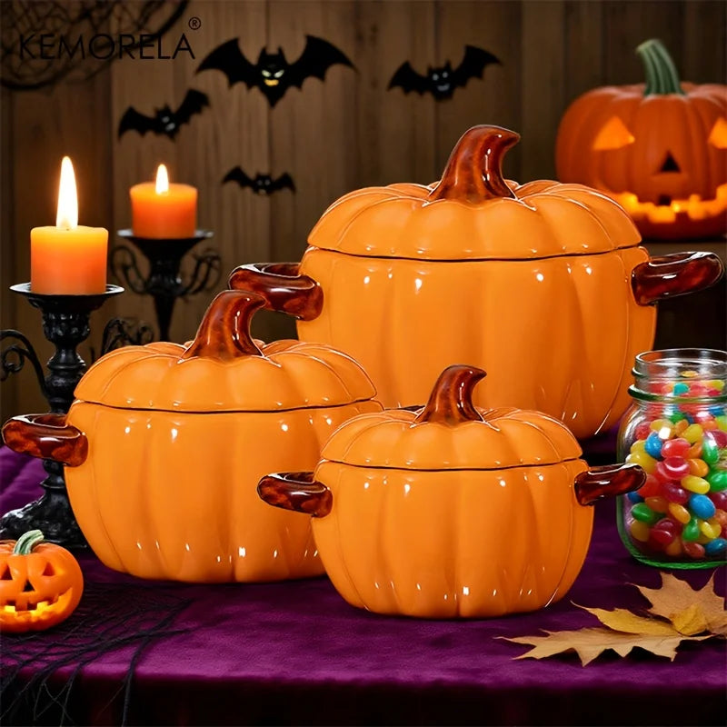 Harvest | Halloween Ceramic Pumpkin Oven Safe Casserole Pot With Lid
