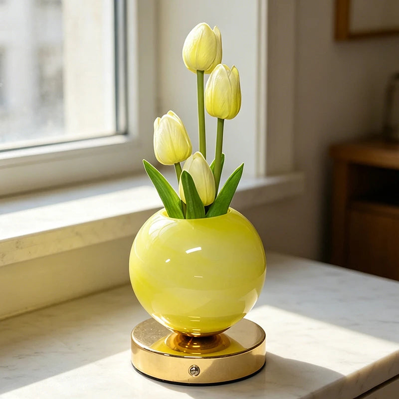 Fara | Decorative Tulip Flower Lamp with Pink Round Base and Metal Stand
