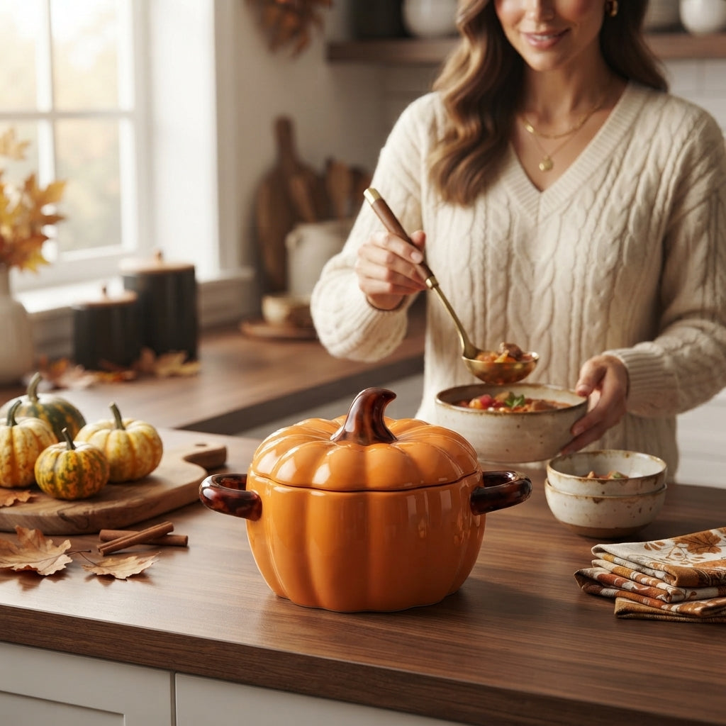 Harvest | Halloween Ceramic Pumpkin Oven Safe Casserole Pot With Lid