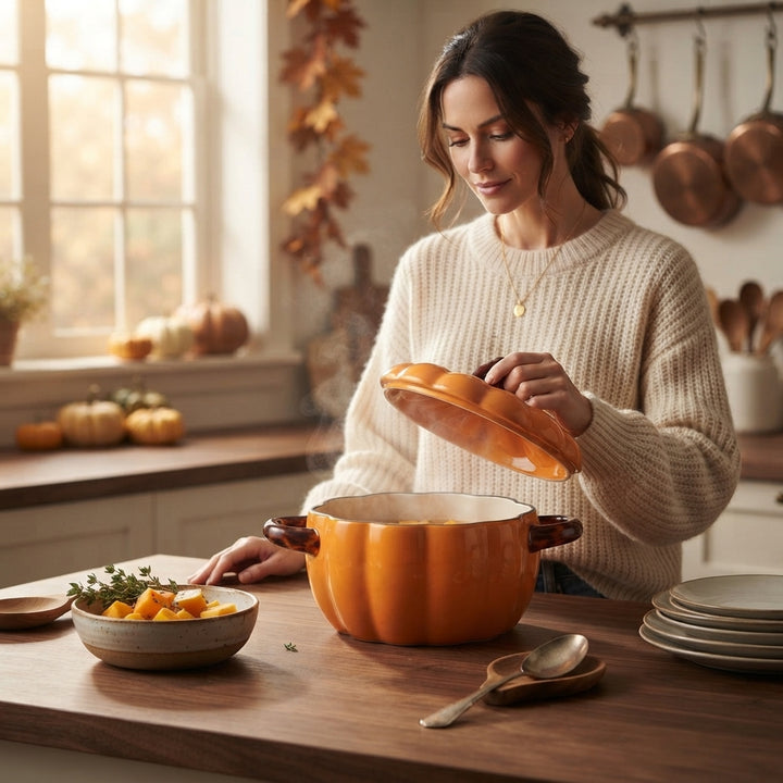 Harvest | Halloween Ceramic Pumpkin Oven Safe Casserole Pot With Lid